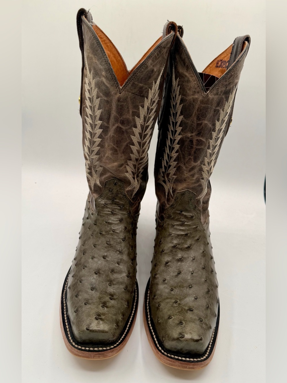 Pre-owned Men's Olive Green full quill ostrich Leather cutter toe boots SIZE 9.5